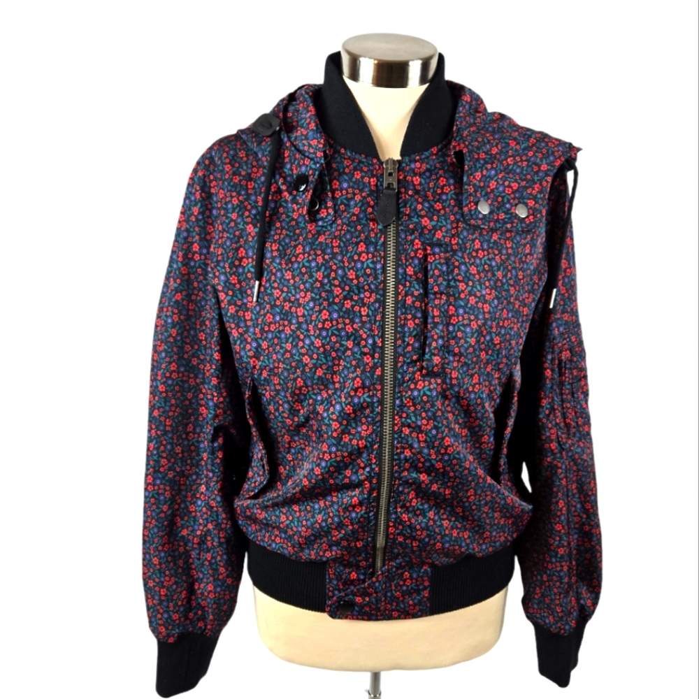 Coach Black & Red Ditsy Floral Bomber Hooded Long Sleeve Jacket